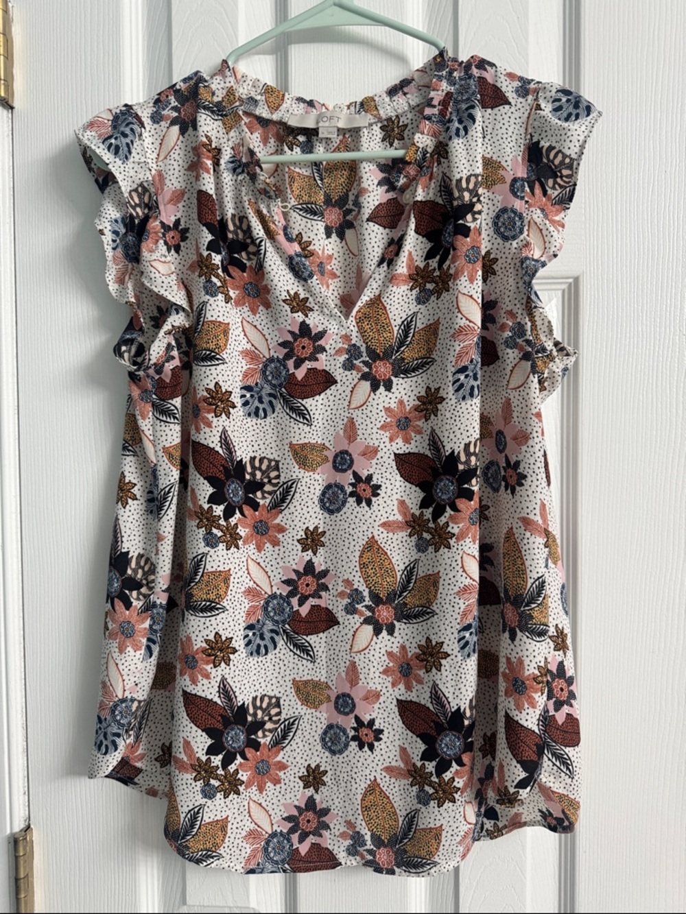 LOFT White Floral V-Neck Ruffle Sleeve Blouse with Pink & Navy Accents